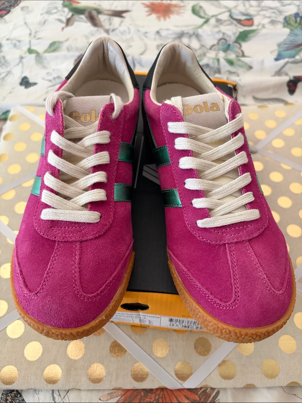 Gola Women’s Elan Fuchsia Suede Trainer Metallic Emerald Stripes 7 NWB - Picture 2 of 11